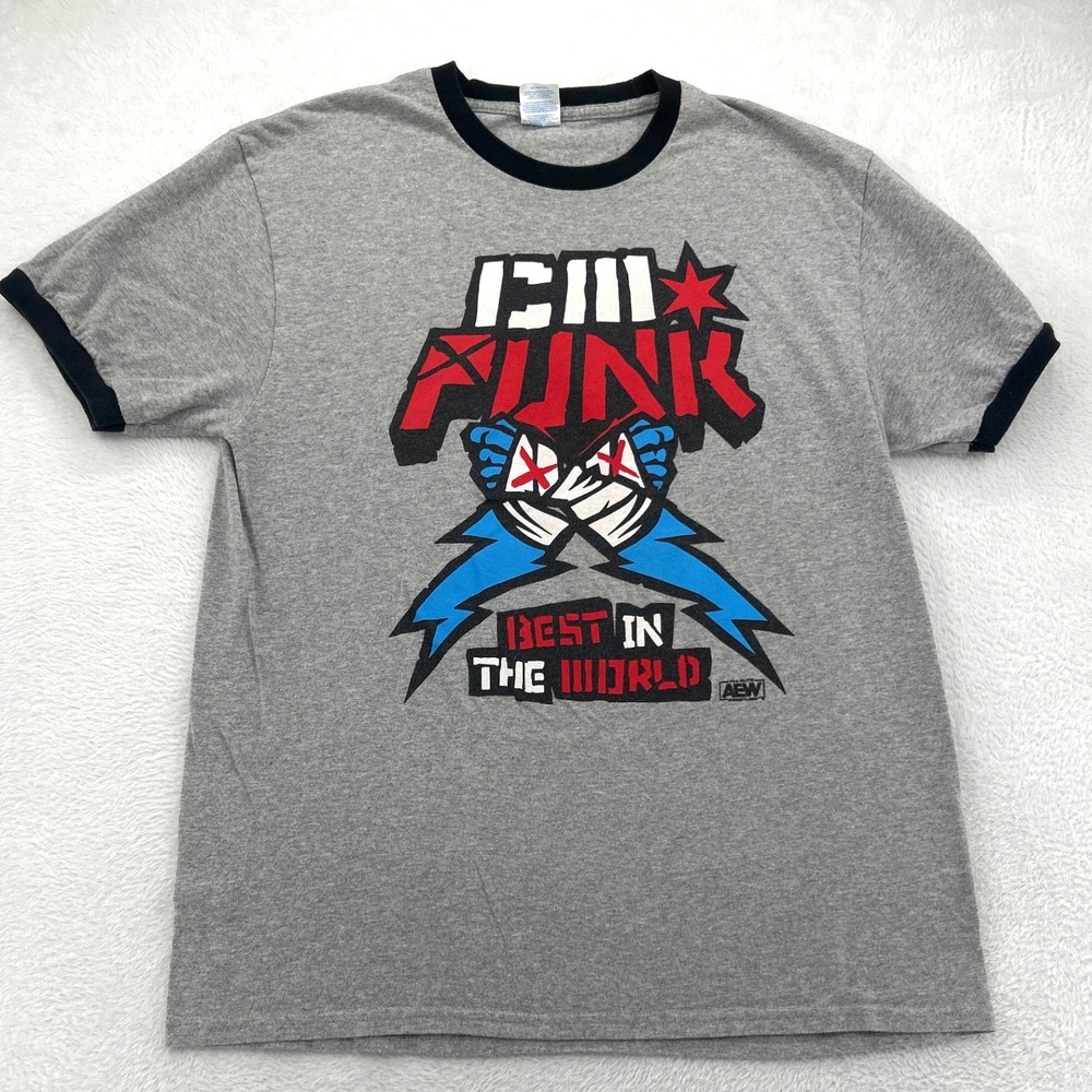 AEW Mens CM Punk Best in the World Ringer T-Shirt Large Gray Wrestling Graphic